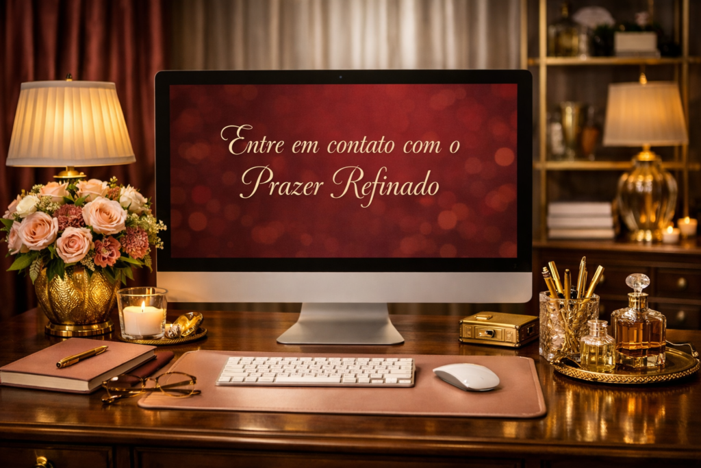  Contato - Prazer refinado
Mesa de escrit&oacute;rio sofisticada com computador exibindo a frase &ldquo;Entre em contato com o Prazer Refinado&rdquo; em ambiente acolhedor e elegante.