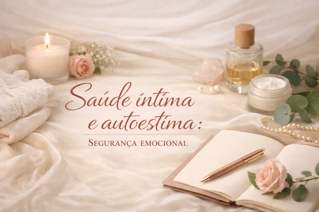 Imagem elegante com elementos de autocuidado, velas e flores, ilustrando o tema Saúde íntima e autoestima: Segurança emocional.