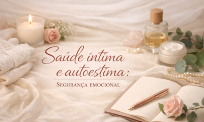 Imagem elegante com elementos de autocuidado, velas e flores, ilustrando o tema Saúde íntima e autoestima: Segurança emocional.