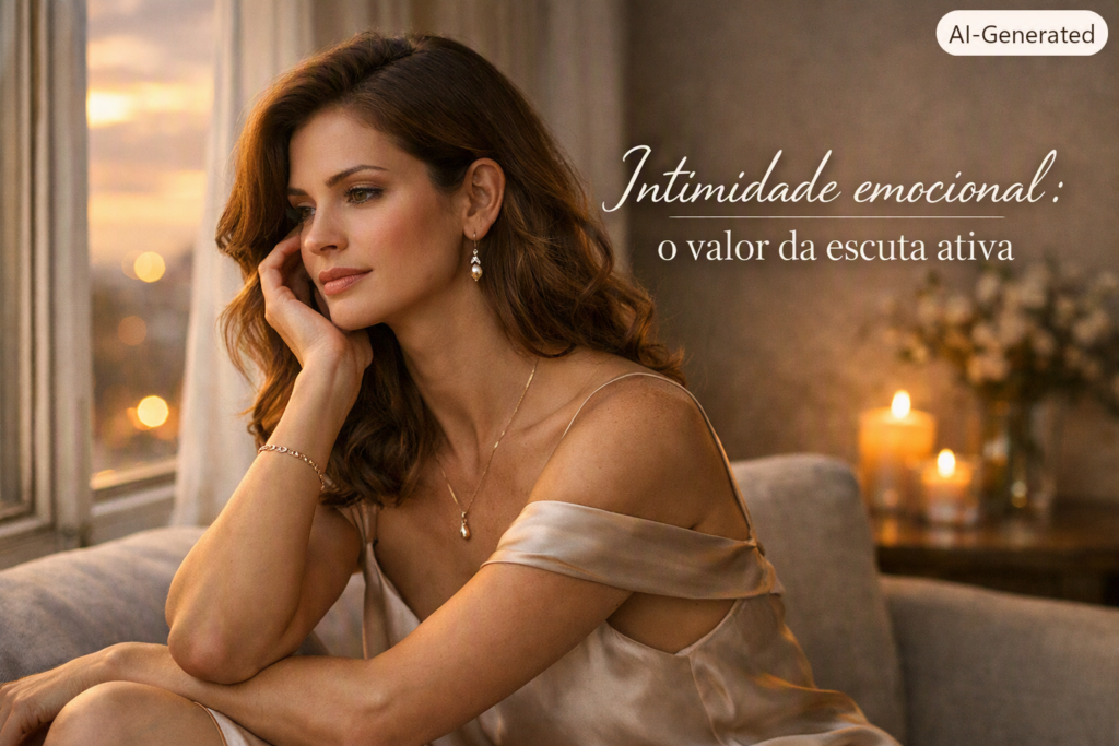 Mulher elegante em momento de reflexão à luz do entardecer, representando a intimidade emocional e o valor da escuta ativa. A cena transmite delicadeza, força interior e conexão feminina, destacando o tema do artigo sobre vulnerabilidade e bem-estar emocional