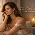 Mulher elegante em momento de reflexão à luz do entardecer, representando a intimidade emocional e o valor da escuta ativa. A cena transmite delicadeza, força interior e conexão feminina, destacando o tema do artigo sobre vulnerabilidade e bem-estar emocional