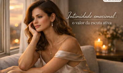 Mulher elegante em momento de reflexão à luz do entardecer, representando a intimidade emocional e o valor da escuta ativa. A cena transmite delicadeza, força interior e conexão feminina, destacando o tema do artigo sobre vulnerabilidade e bem-estar emocional