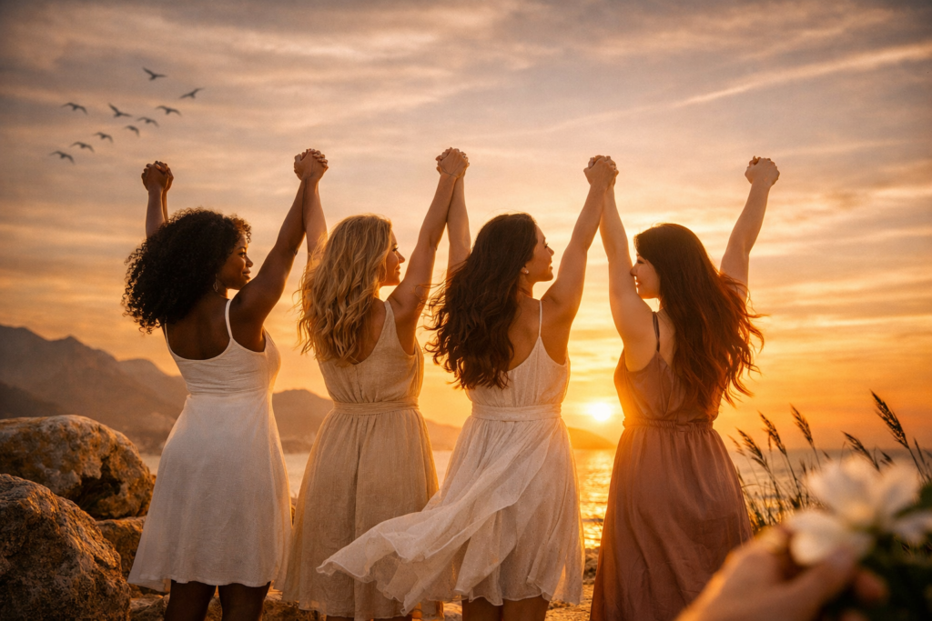 Mulheres de diferentes etnias — negra, loira, morena, oriental e ruiva — de mãos dadas ao pôr do sol, celebrando a Liberdade feminina, união, diversidade e força interior.