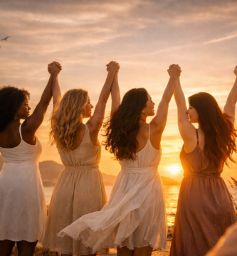Mulheres de diferentes etnias — negra, loira, morena, oriental e ruiva — de mãos dadas ao pôr do sol, celebrando a Liberdade feminina, união, diversidade e força interior.