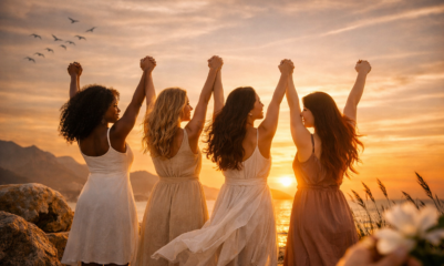 Mulheres de diferentes etnias — negra, loira, morena, oriental e ruiva — de mãos dadas ao pôr do sol, celebrando a Liberdade feminina, união, diversidade e força interior.