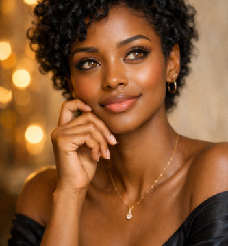 Retrato realista de uma mulher negra de cabelos curtos, jovem confiante e elegante com expressão serena, simbolizando equilíbrio emocional e autoestima ligados à libido feminina.