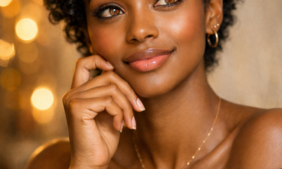 Retrato realista de uma mulher negra de cabelos curtos, jovem confiante e elegante com expressão serena, simbolizando equilíbrio emocional e autoestima ligados à libido feminina.