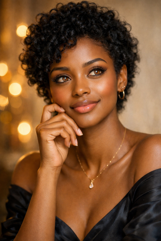 Retrato realista de uma mulher negra de cabelos curtos, jovem confiante e elegante com expressão serena, simbolizando equilíbrio emocional e autoestima ligados à libido feminina.