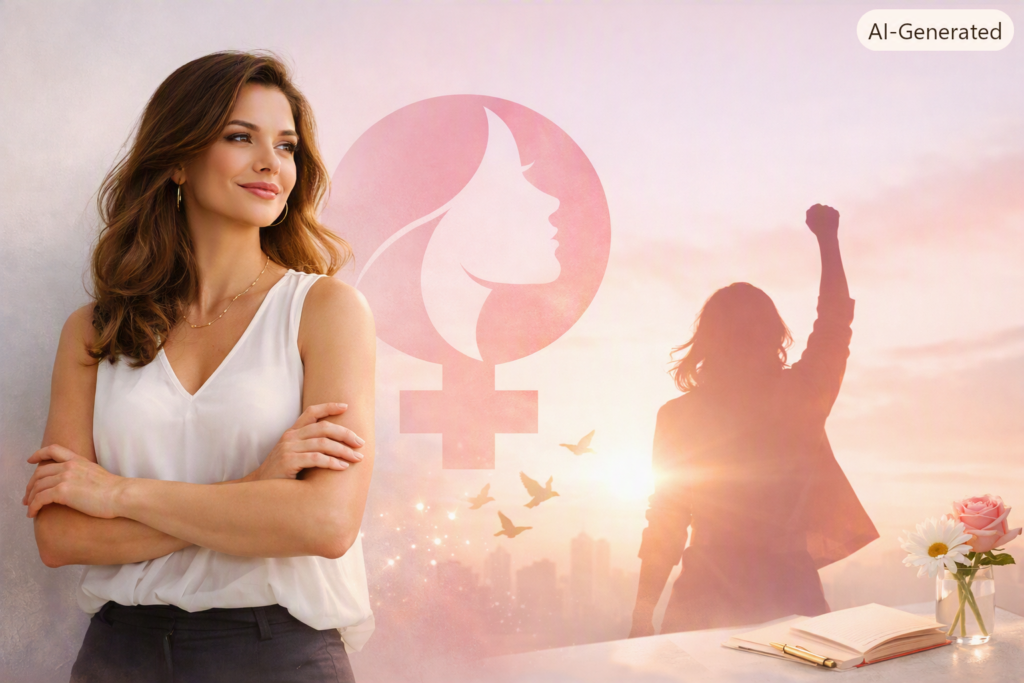 mulher confiante em cenário minimalista, representando poder feminino e transformação da autoestima