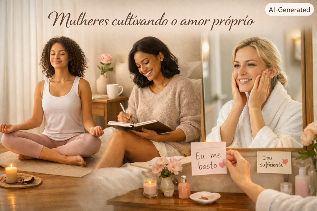 Três mulheres cultivando amor próprio: uma meditando, outra escrevendo em diário e outra sorrindo diante do espelho com afirmações positivas.
