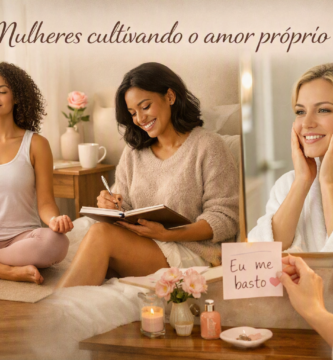 Três mulheres cultivando amor próprio: uma meditando, outra escrevendo em diário e outra sorrindo diante do espelho com afirmações positivas.