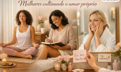Três mulheres cultivando amor próprio: uma meditando, outra escrevendo em diário e outra sorrindo diante do espelho com afirmações positivas.