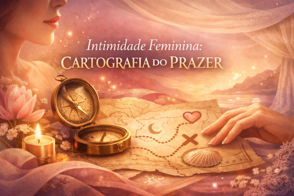 Ilustração elegante sobre intimidade feminina, mostrando uma mulher e um mapa simbólico do prazer com tons suaves e elementos de descoberta.