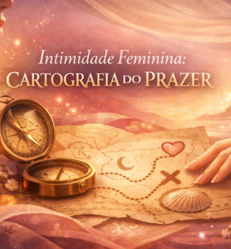 Ilustração elegante sobre intimidade feminina, mostrando uma mulher e um mapa simbólico do prazer com tons suaves e elementos de descoberta.