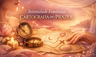 Ilustração elegante sobre intimidade feminina, mostrando uma mulher e um mapa simbólico do prazer com tons suaves e elementos de descoberta.