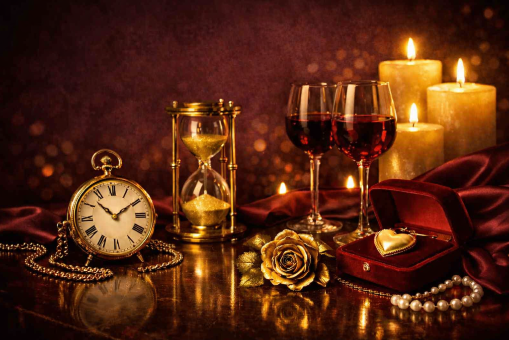 Composição romântica com relógio dourado, taças de vinho, joias e velas, simbolizando tempo e corpo feminino.