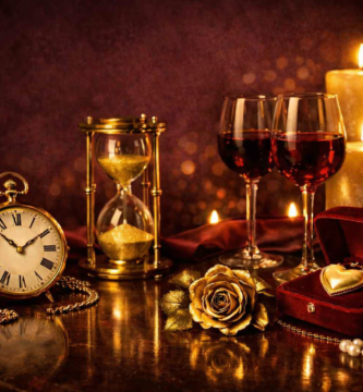 Composição romântica com relógio dourado, taças de vinho, joias e velas, simbolizando tempo e corpo feminino.