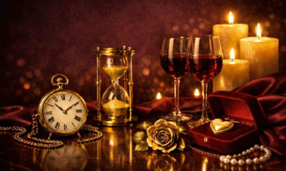 Composição romântica com relógio dourado, taças de vinho, joias e velas, simbolizando tempo e corpo feminino.