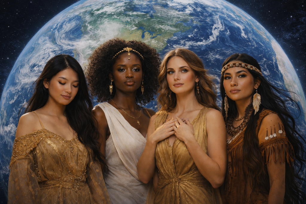 Quatro mulheres de diferentes etnias — asiática, negra, branca e indígena — estão lado a lado diante do planeta Terra visto do espaço. Vestidas com roupas elegantes em tons dourados e terrosos, elas olham com serenidade e força para a frente, simbolizando o poder feminino como energia universal que conecta todas as culturas e o mundo.