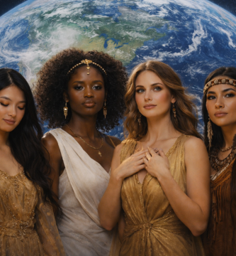 Quatro mulheres de diferentes etnias — asiática, negra, branca e indígena — estão lado a lado diante do planeta Terra visto do espaço. Vestidas com roupas elegantes em tons dourados e terrosos, elas olham com serenidade e força para a frente, simbolizando o poder feminino como energia universal que conecta todas as culturas e o mundo.