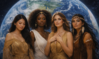 Quatro mulheres de diferentes etnias — asiática, negra, branca e indígena — estão lado a lado diante do planeta Terra visto do espaço. Vestidas com roupas elegantes em tons dourados e terrosos, elas olham com serenidade e força para a frente, simbolizando o poder feminino como energia universal que conecta todas as culturas e o mundo.