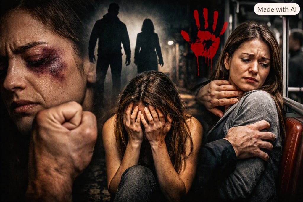 Imagem impactante sobre violência contra a mulher, mostrando dor, medo e resistência feminina.