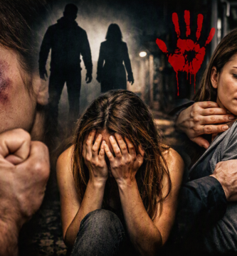 Imagem impactante sobre violência contra a mulher, mostrando dor, medo e resistência feminina.