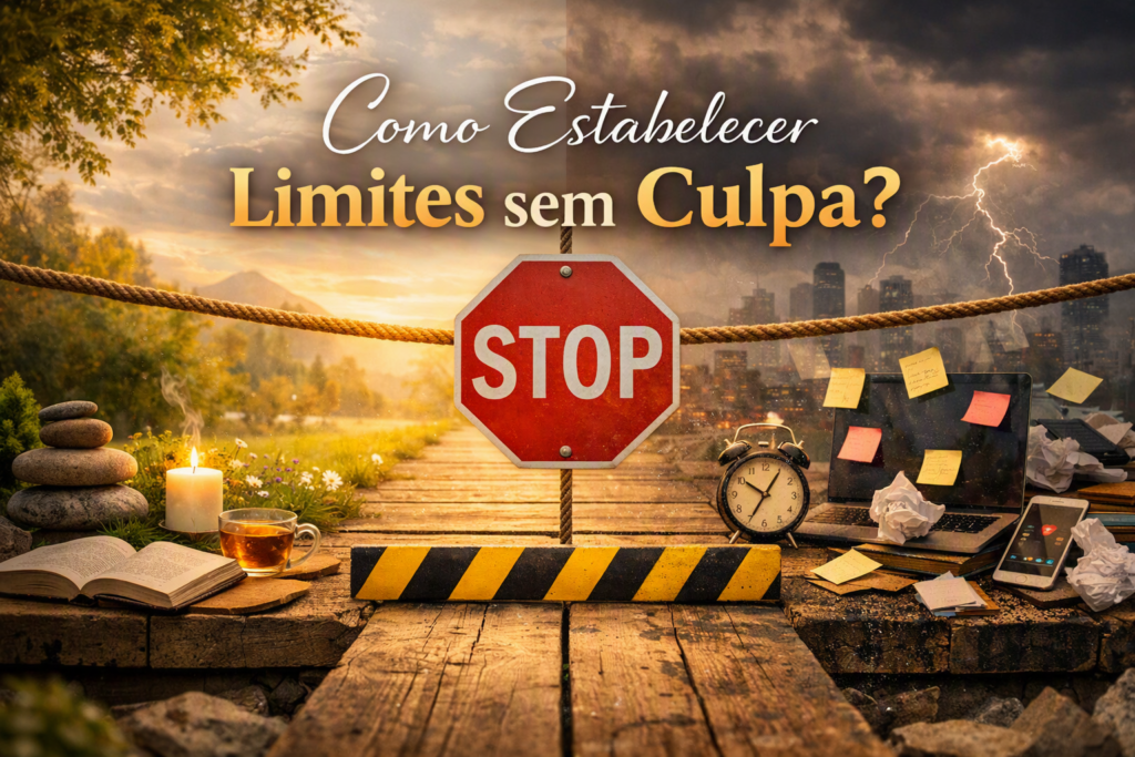 Como estabelecer limites representado por barreira STOP entre serenidade e caos, simbolizando equilíbrio emocional e autocuidado.