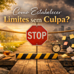 Como estabelecer limites representado por barreira STOP entre serenidade e caos, simbolizando equilíbrio emocional e autocuidado.