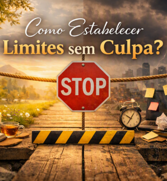 Como estabelecer limites representado por barreira STOP entre serenidade e caos, simbolizando equilíbrio emocional e autocuidado.
