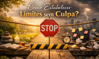 Como estabelecer limites representado por barreira STOP entre serenidade e caos, simbolizando equilíbrio emocional e autocuidado.