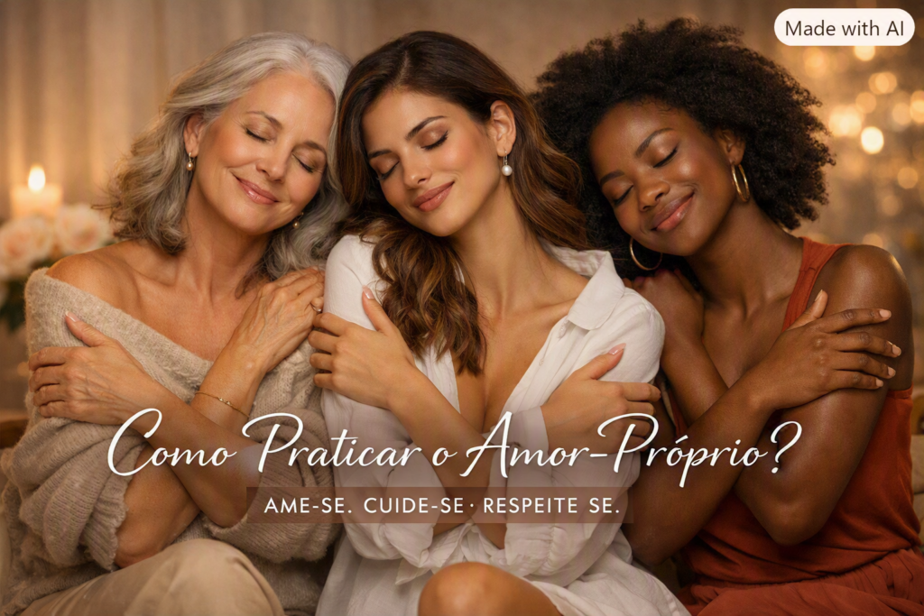 Amor próprio entre mulheres diversas abraçando a si mesmas com serenidade e confiança.