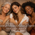 Amor próprio entre mulheres diversas abraçando a si mesmas com serenidade e confiança.