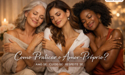 Amor próprio entre mulheres diversas abraçando a si mesmas com serenidade e confiança.