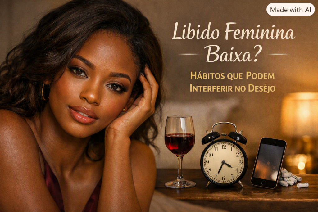 Libido Feminina baixa : Mulher negra de olhos amendoados com expressão sensual, ao lado de elementos que simbolizam hábitos que reduzem a libido feminina.