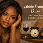 Libido Feminina baixa : Mulher negra de olhos amendoados com expressão sensual, ao lado de elementos que simbolizam hábitos que reduzem a libido feminina.