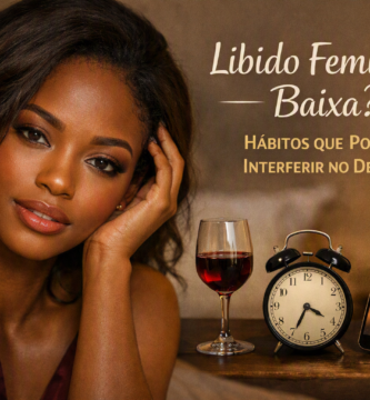 Libido Feminina baixa : Mulher negra de olhos amendoados com expressão sensual, ao lado de elementos que simbolizam hábitos que reduzem a libido feminina.