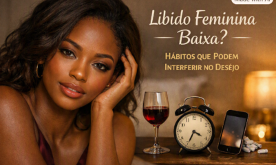Libido Feminina baixa : Mulher negra de olhos amendoados com expressão sensual, ao lado de elementos que simbolizam hábitos que reduzem a libido feminina.