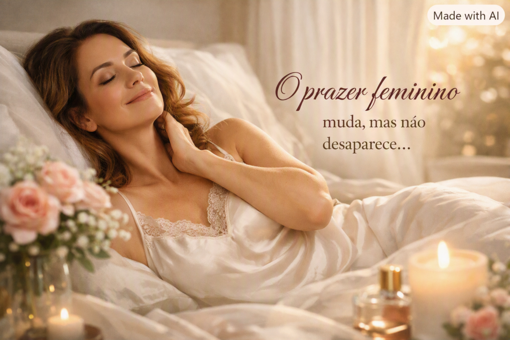 Prazer feminino — imagem elegante e acolhedora mostrando uma mulher deitada sobre lençóis de cetim claros, cercada por flores e luz suave. A cena transmite serenidade, respeito e positividade, com a frase “O prazer feminino muda, mas não desaparece...” escrita em fonte cursiva, simbolizando a força e a sensibilidade da mulher.