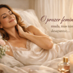 Prazer feminino — imagem elegante e acolhedora mostrando uma mulher deitada sobre lençóis de cetim claros, cercada por flores e luz suave. A cena transmite serenidade, respeito e positividade, com a frase “O prazer feminino muda, mas não desaparece...” escrita em fonte cursiva, simbolizando a força e a sensibilidade da mulher.