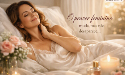 Prazer feminino — imagem elegante e acolhedora mostrando uma mulher deitada sobre lençóis de cetim claros, cercada por flores e luz suave. A cena transmite serenidade, respeito e positividade, com a frase “O prazer feminino muda, mas não desaparece...” escrita em fonte cursiva, simbolizando a força e a sensibilidade da mulher.