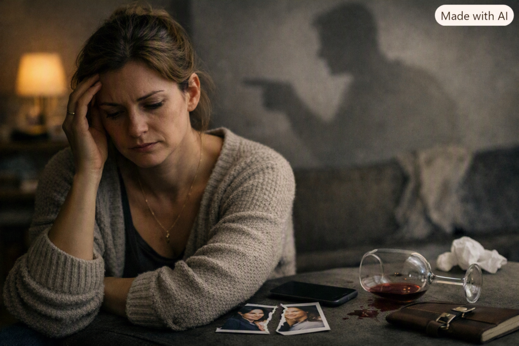 Mulher triste sentada sozinha, ao lado de objetos que simbolizam os sinais silenciosos de uma relação abusiva.