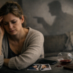 Mulher triste sentada sozinha, ao lado de objetos que simbolizam os sinais silenciosos de uma relação abusiva.