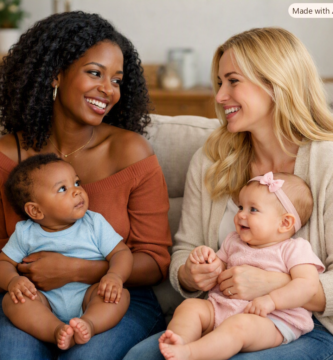 Maternidade: duas mulheres, uma negra e uma loira, sentadas em um sofá, sorrindo enquanto seguram seus bebês e conversam com carinho.