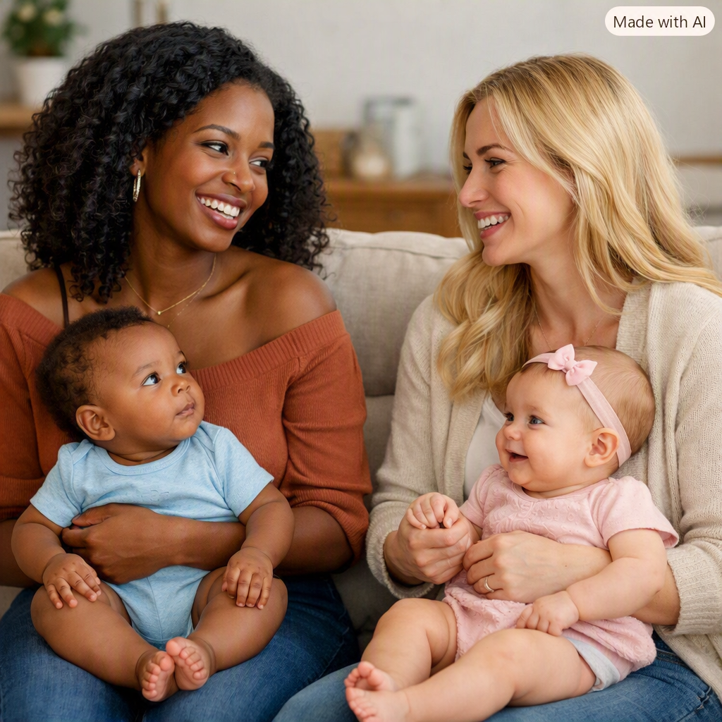 Maternidade: duas mulheres, uma negra e uma loira, sentadas em um sofá, sorrindo enquanto seguram seus bebês e conversam com carinho.